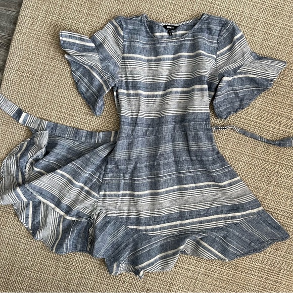 Express Blue and White Stripe Babydoll Wrap Dress - Picture 3 of 6